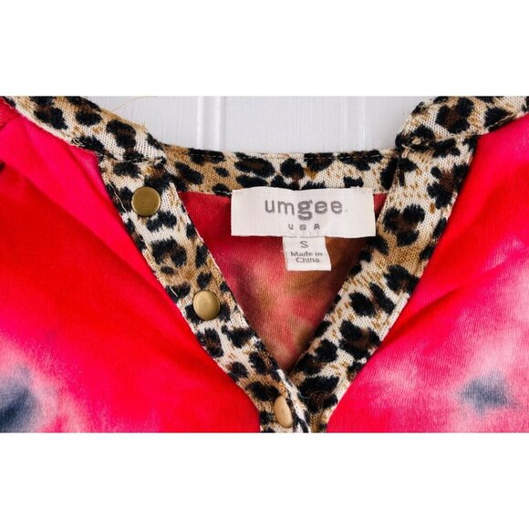 Umgee Womens‎ Size Small Tie-Dye Long Sleeve Top With Leopard Trim - Picture 2 of 5